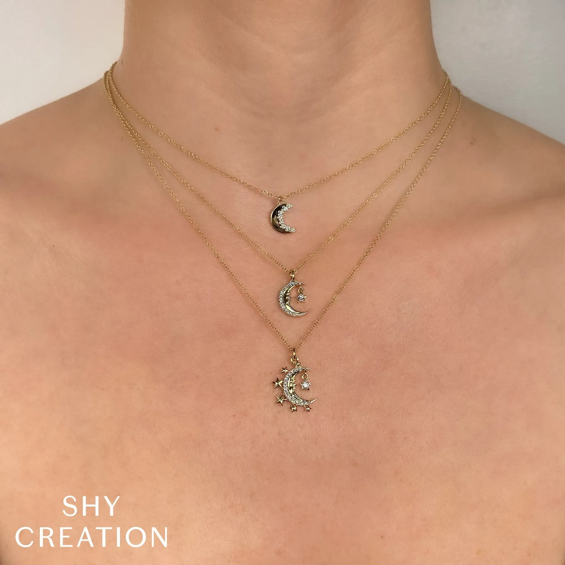 14K Gold Diamond Crescent Moon & Star Pendant Necklace