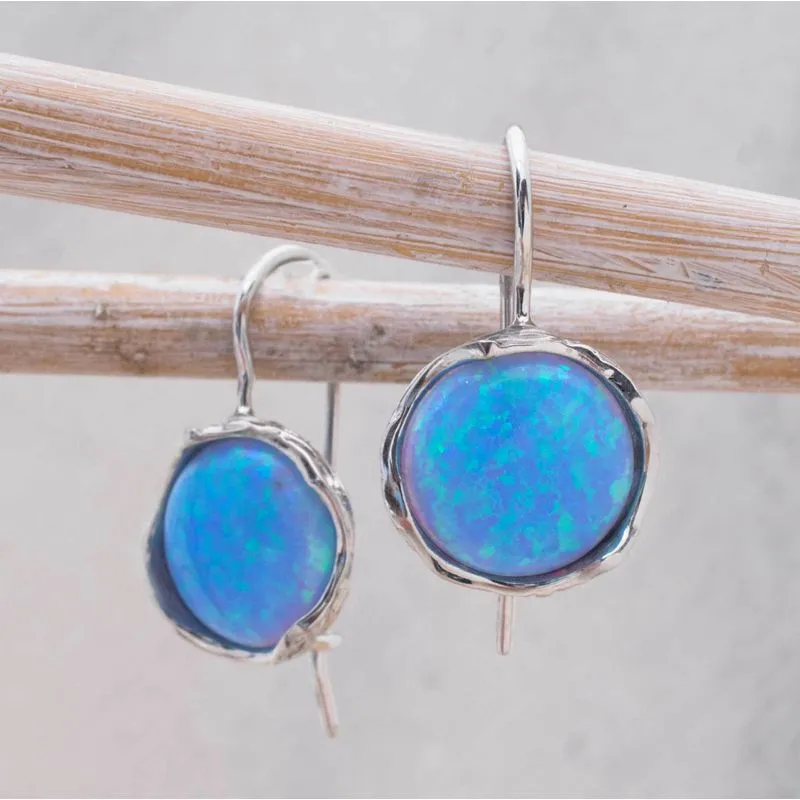 14K White Gold Round Blue Opal 12mm Dangle Earrings