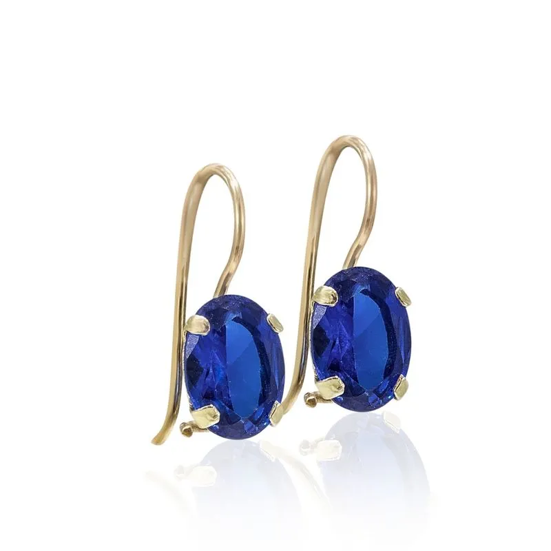 14K Yellow Gold Oval Blue Cubic Zirconia 8X10mm Dangle Earrings