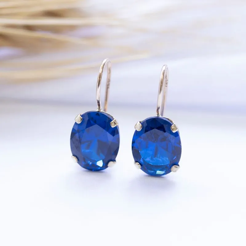 14K Yellow Gold Oval Blue Cubic Zirconia 8X10mm Dangle Earrings