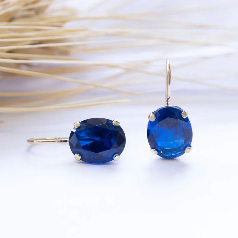 14K Yellow Gold Oval Blue Cubic Zirconia 8X10mm Dangle Earrings