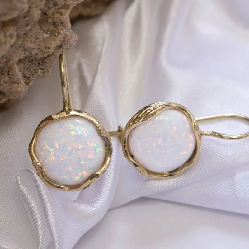 14K Yellow Gold Round White Opal 12mm Dangle Earrings