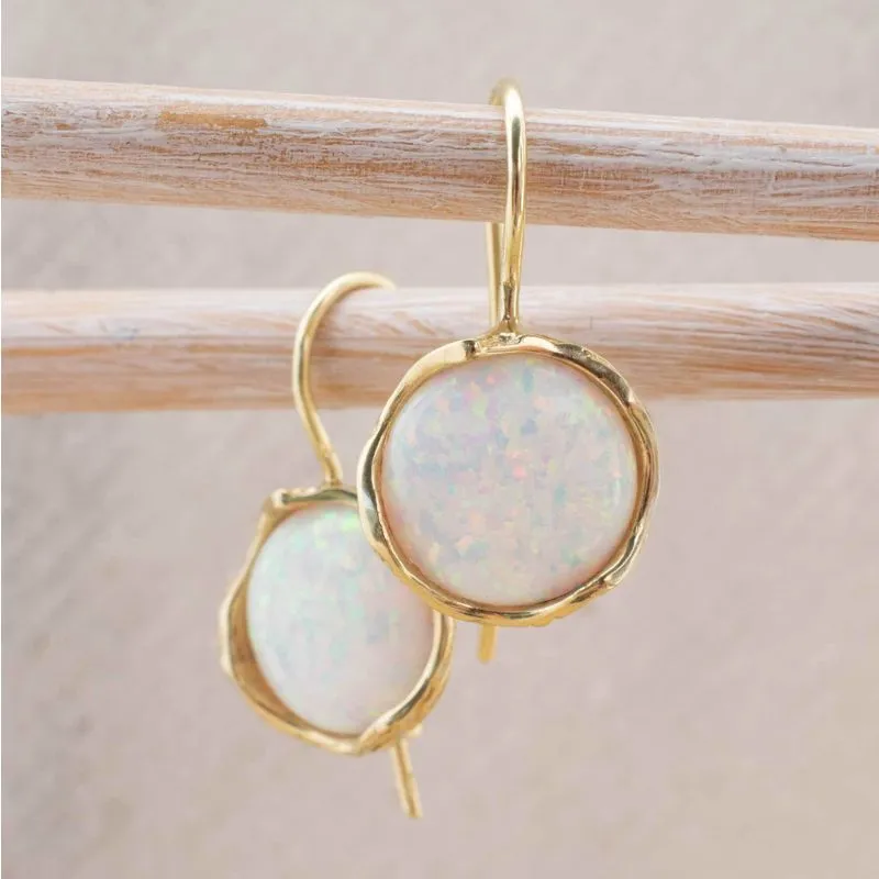 14K Yellow Gold Round White Opal 12mm Dangle Earrings