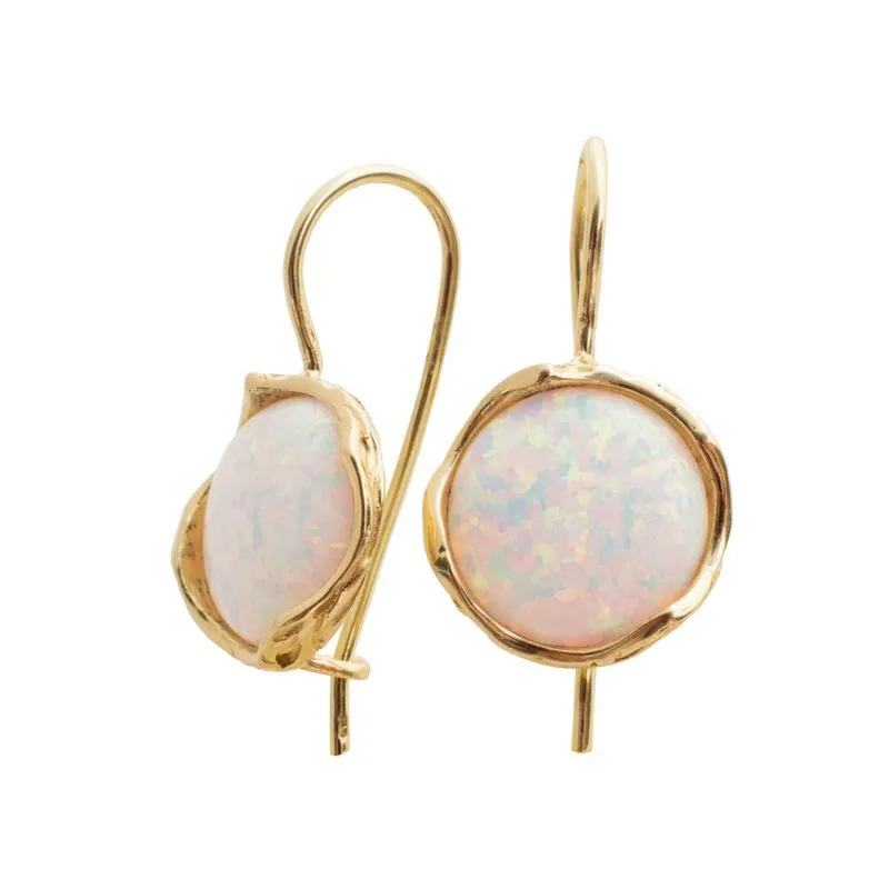 14K Yellow Gold Round White Opal 12mm Dangle Earrings