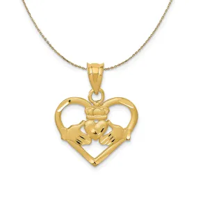 14k Yellow Gold Satin and Diamond Cut Claddagh Heart Necklace