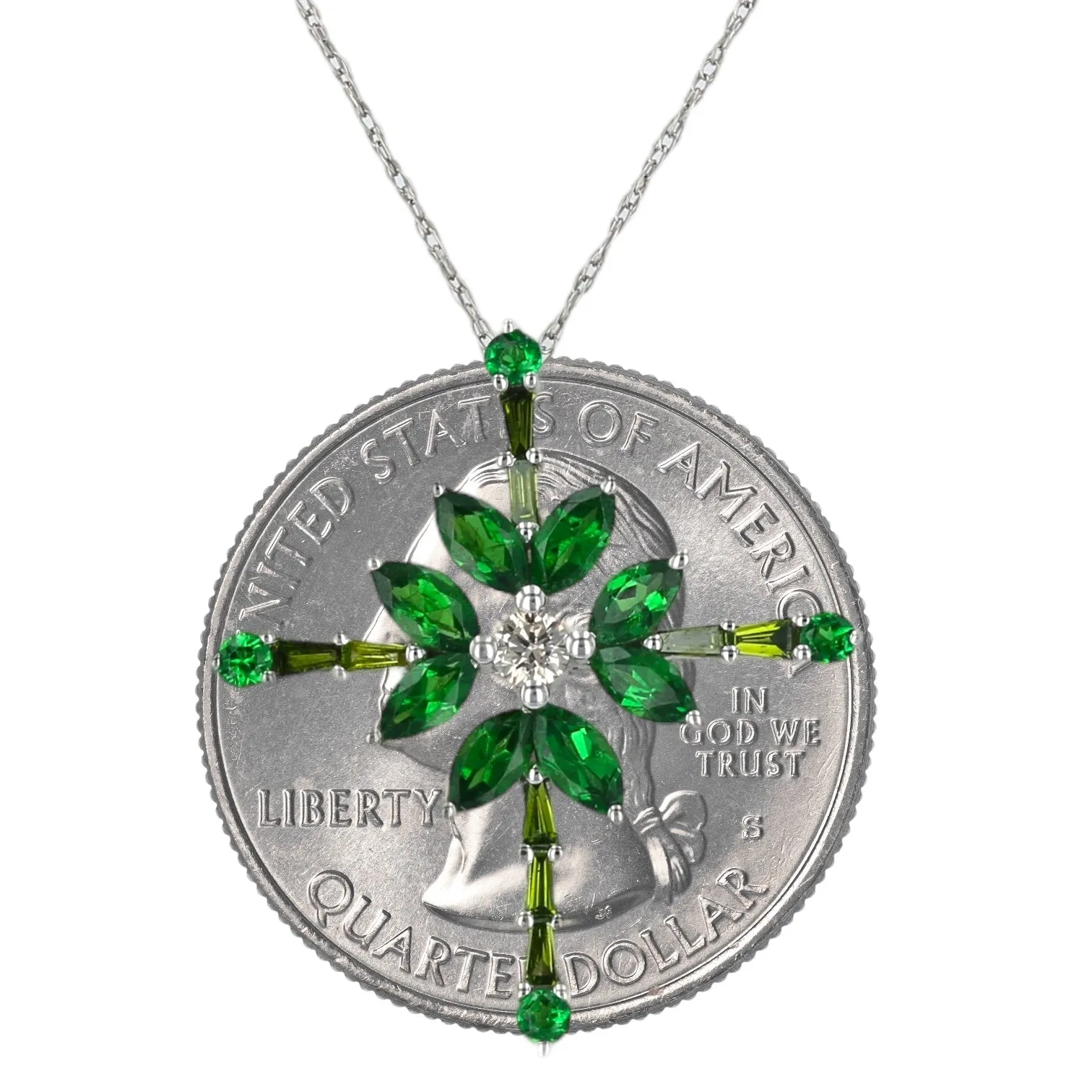 18K White gold petals cross emerald and green diamonds Necklace-15971