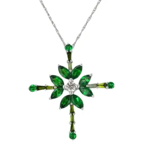 18K White gold petals cross emerald and green diamonds Necklace-15971