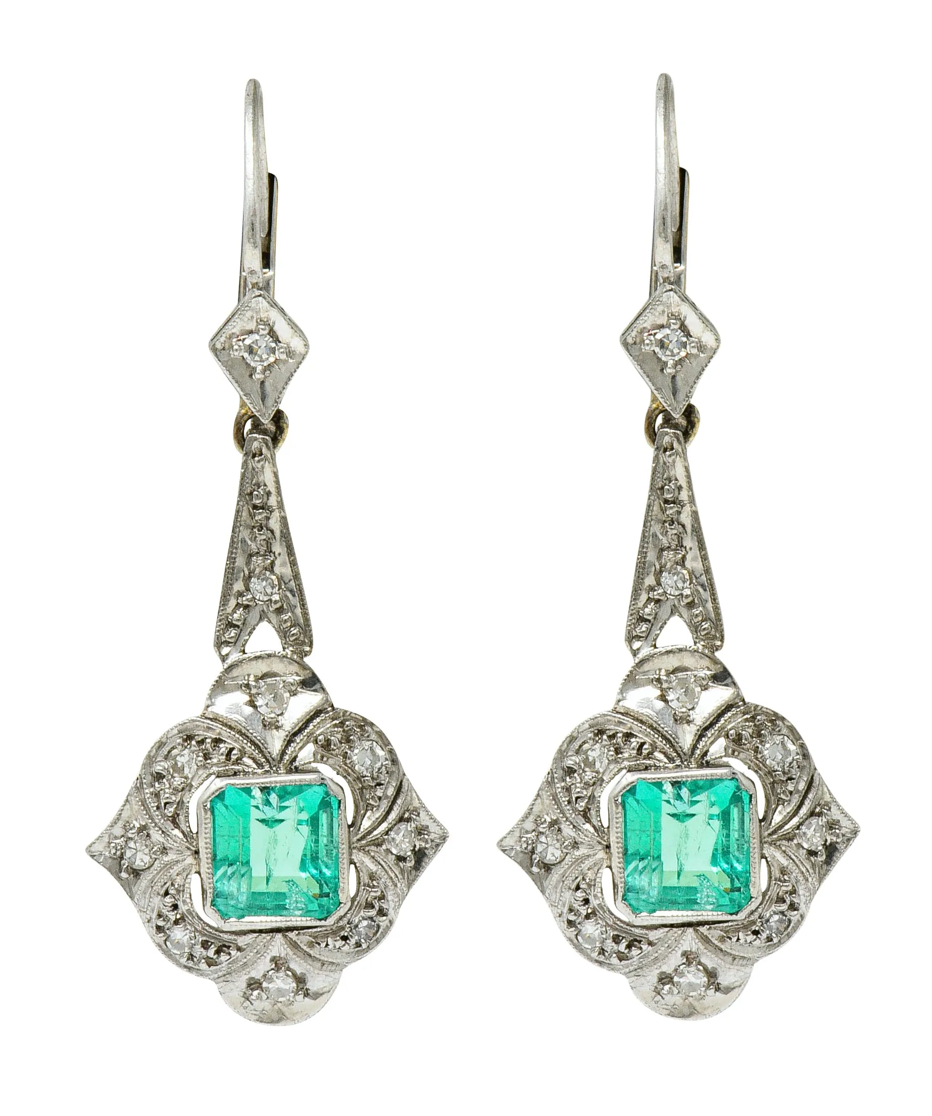 Art Deco 2.34 CTW Emerald Diamond Platinum Drop Earrings