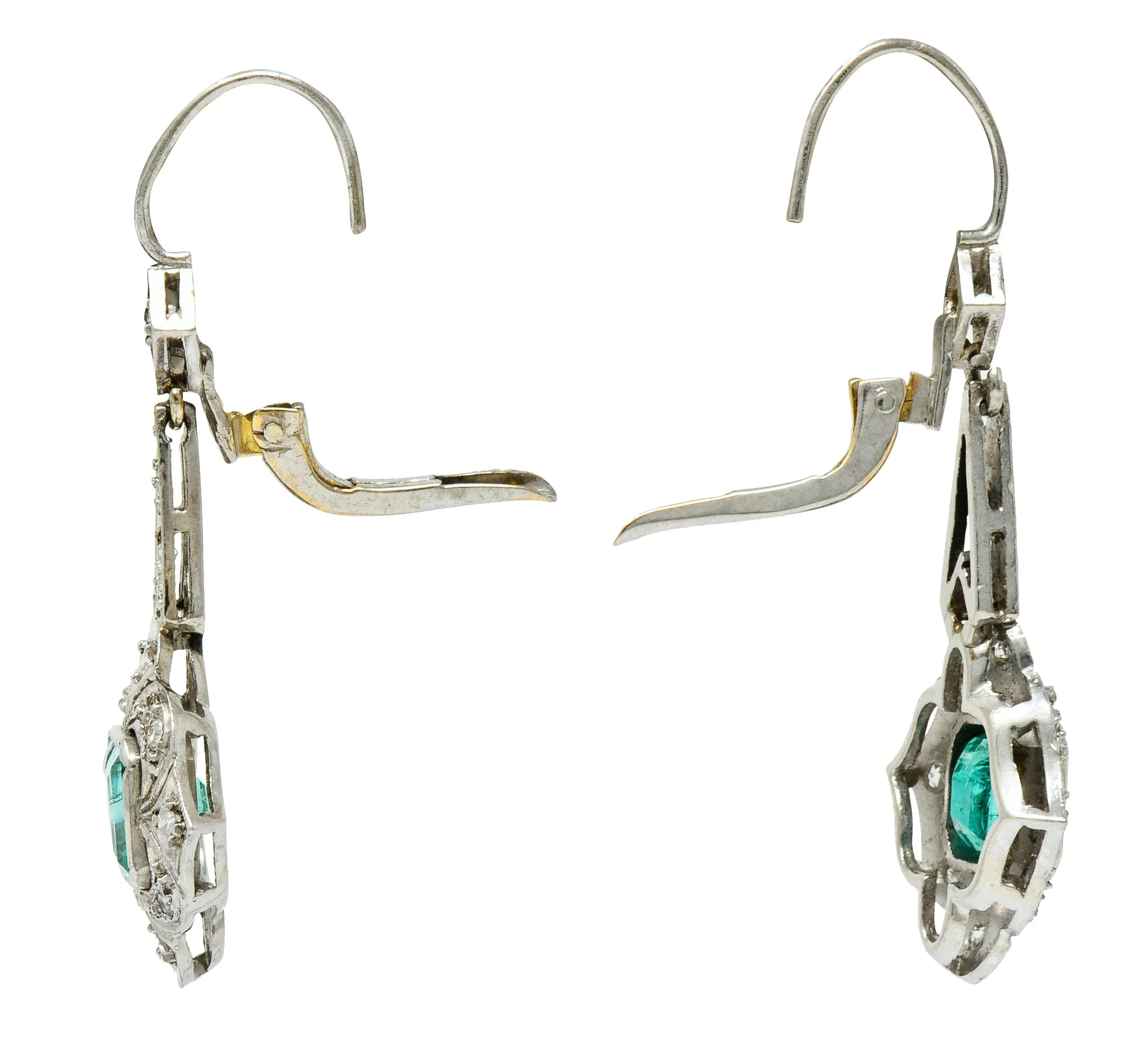 Art Deco 2.34 CTW Emerald Diamond Platinum Drop Earrings