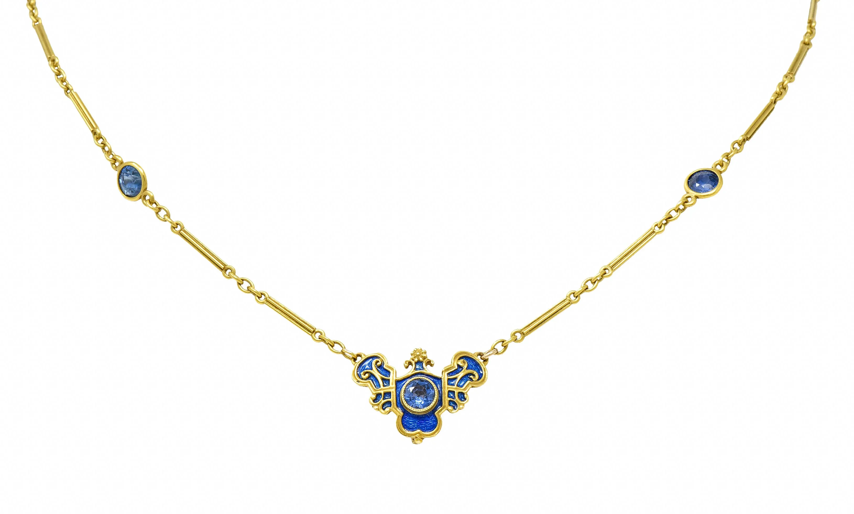 Art Nouveau Sapphire Enamel 14 Karat Gold Station Necklace