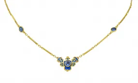 Art Nouveau Sapphire Enamel 14 Karat Gold Station Necklace