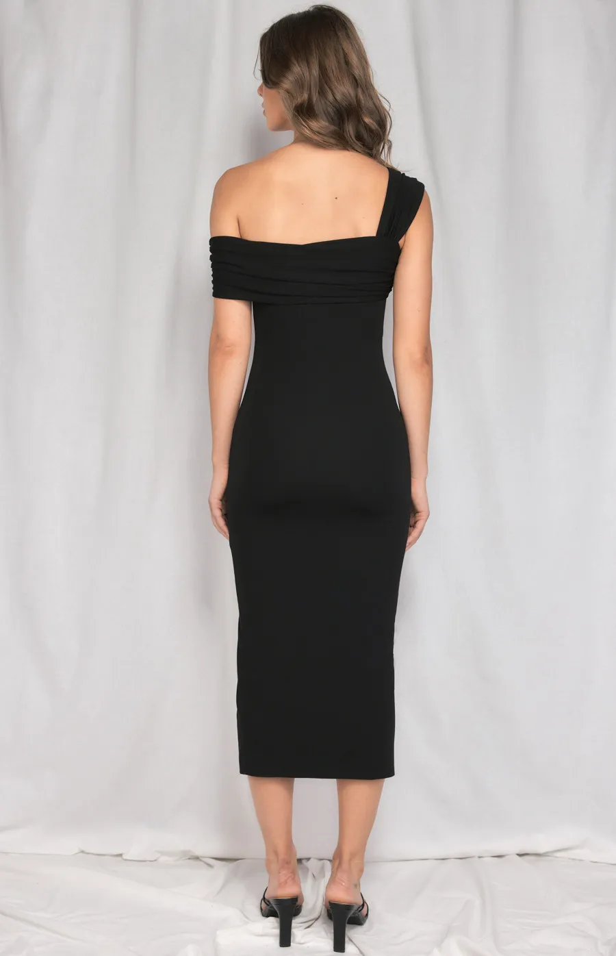 Asymmetric Neckline Bodycon Midi Dress with Split (WDR446A)