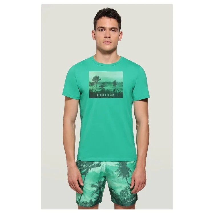 Bikkembergs TROPICAL LANDSCAPE T-Shirt Maniche Corte In Cotone Con Stampa Verde