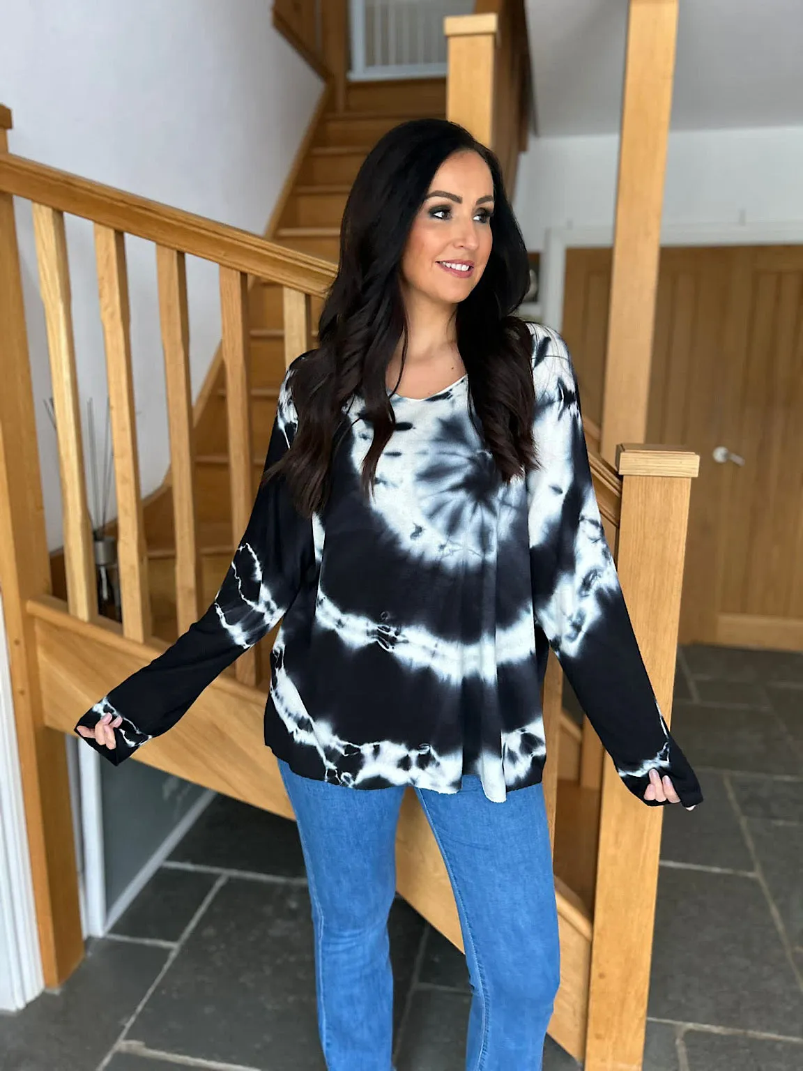 Black V Neck Tie Dye Knit Sandra