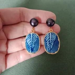 Blue and white leaf porcelain earrings