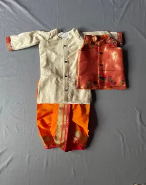 Boy's cream and yellow premium Paithani with red border dhoti kurta with jacket