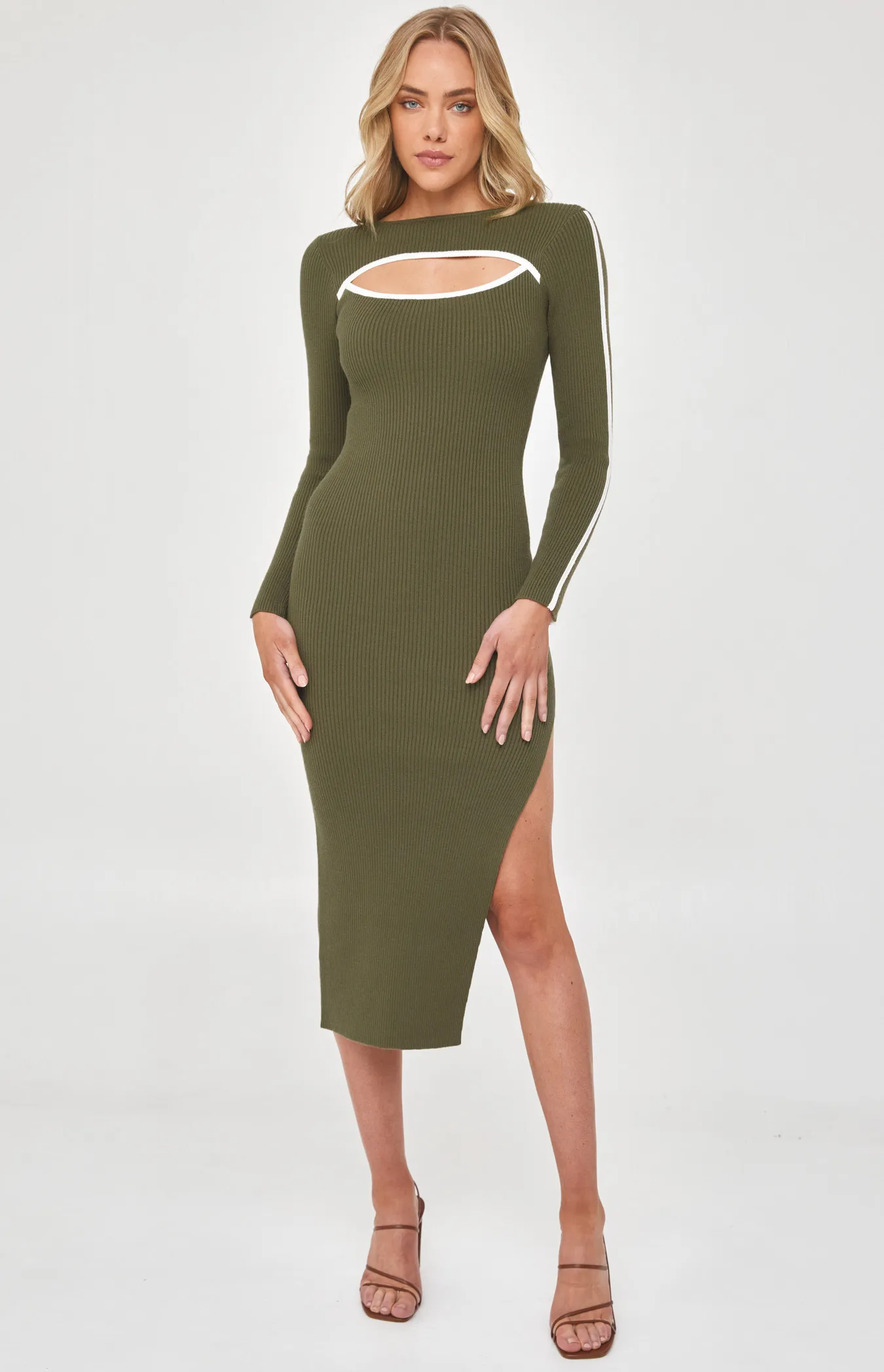 Cut Out Neckline Contrast Binding Detail Midi Dress (SKN599)