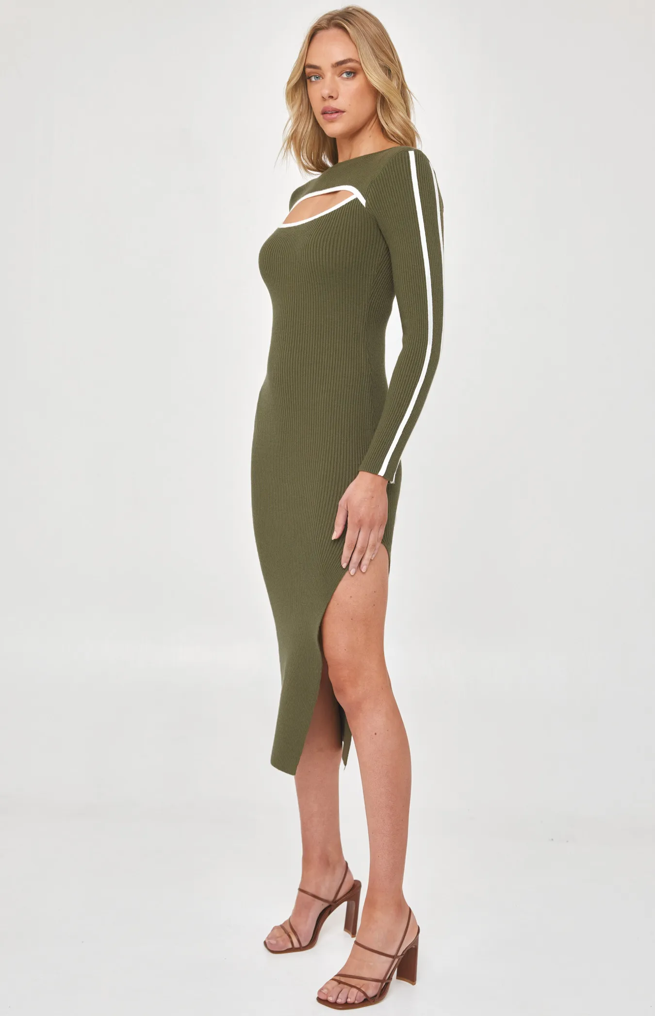 Cut Out Neckline Contrast Binding Detail Midi Dress (SKN599)