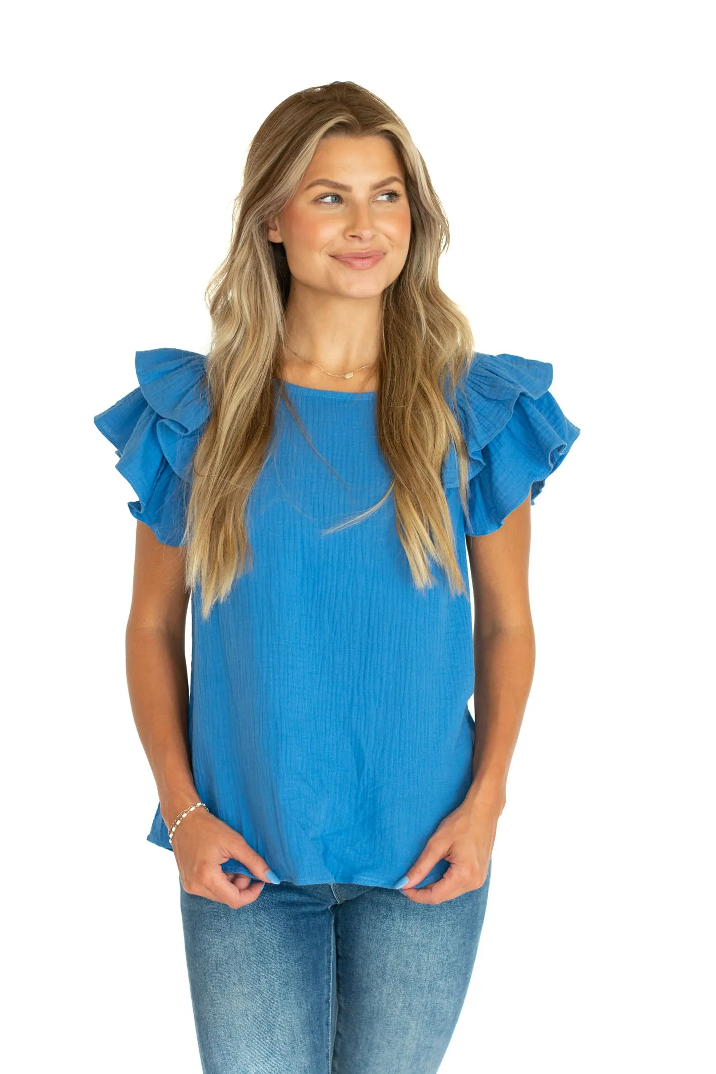 Draw You In Blue Ruffle Top