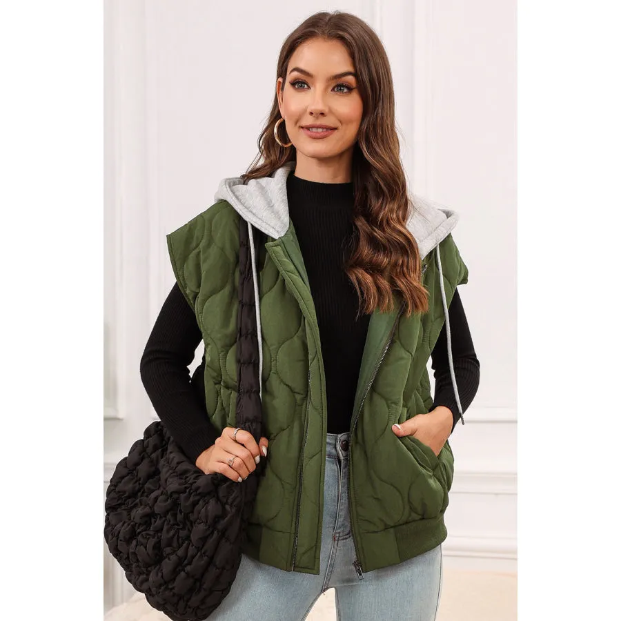 Drawstring Zip Up Hooded Vest Coat