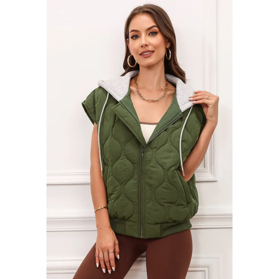 Drawstring Zip Up Hooded Vest Coat