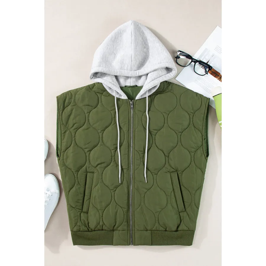 Drawstring Zip Up Hooded Vest Coat