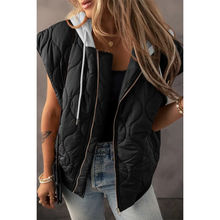 Drawstring Zip Up Hooded Vest Coat