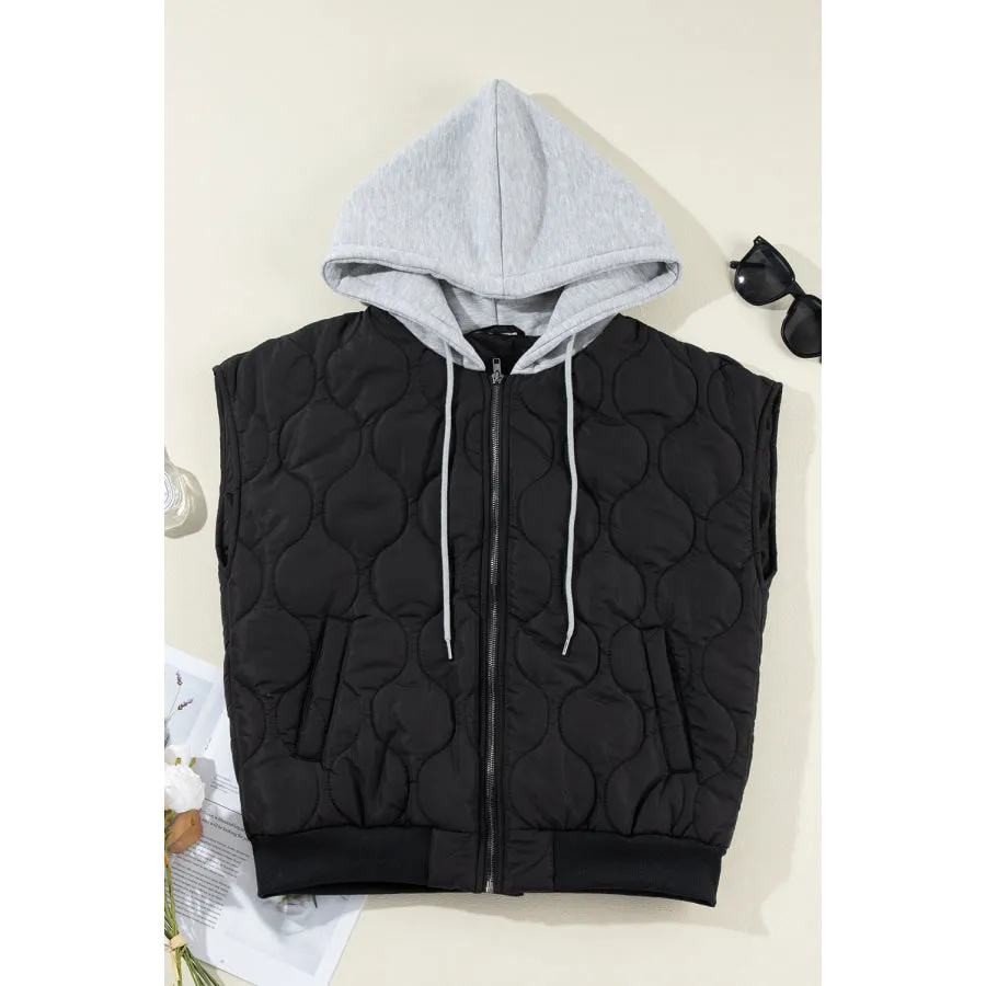 Drawstring Zip Up Hooded Vest Coat