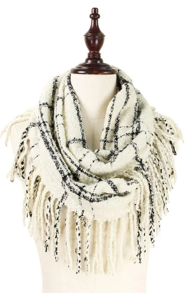 EAS8912 Two Tone Plaid Tassel Infinity Scarf