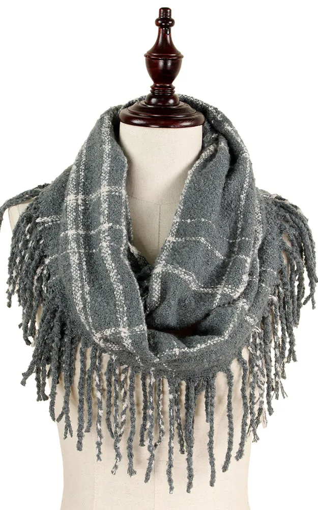 EAS8912 Two Tone Plaid Tassel Infinity Scarf