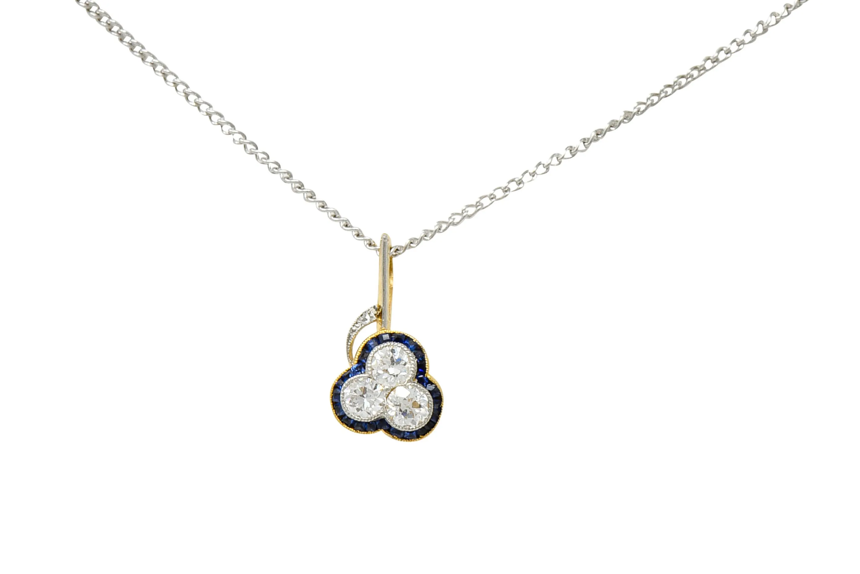 Edwardian Diamond Platinum-Topped 18 Karat Gold Clover Pendant Necklace