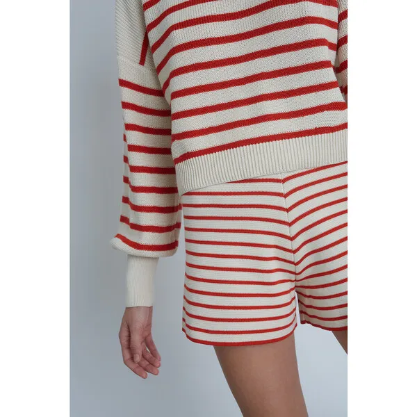 Eleven Six Women's Lea Double-Knit Stripe Short, Ivory & Tomato