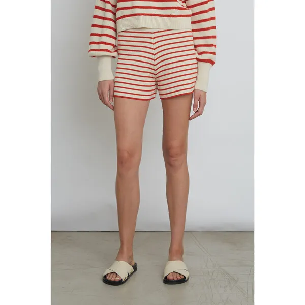 Eleven Six Women's Lea Double-Knit Stripe Short, Ivory & Tomato