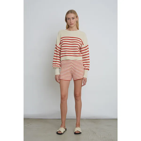 Eleven Six Women's Lea Double-Knit Stripe Short, Ivory & Tomato