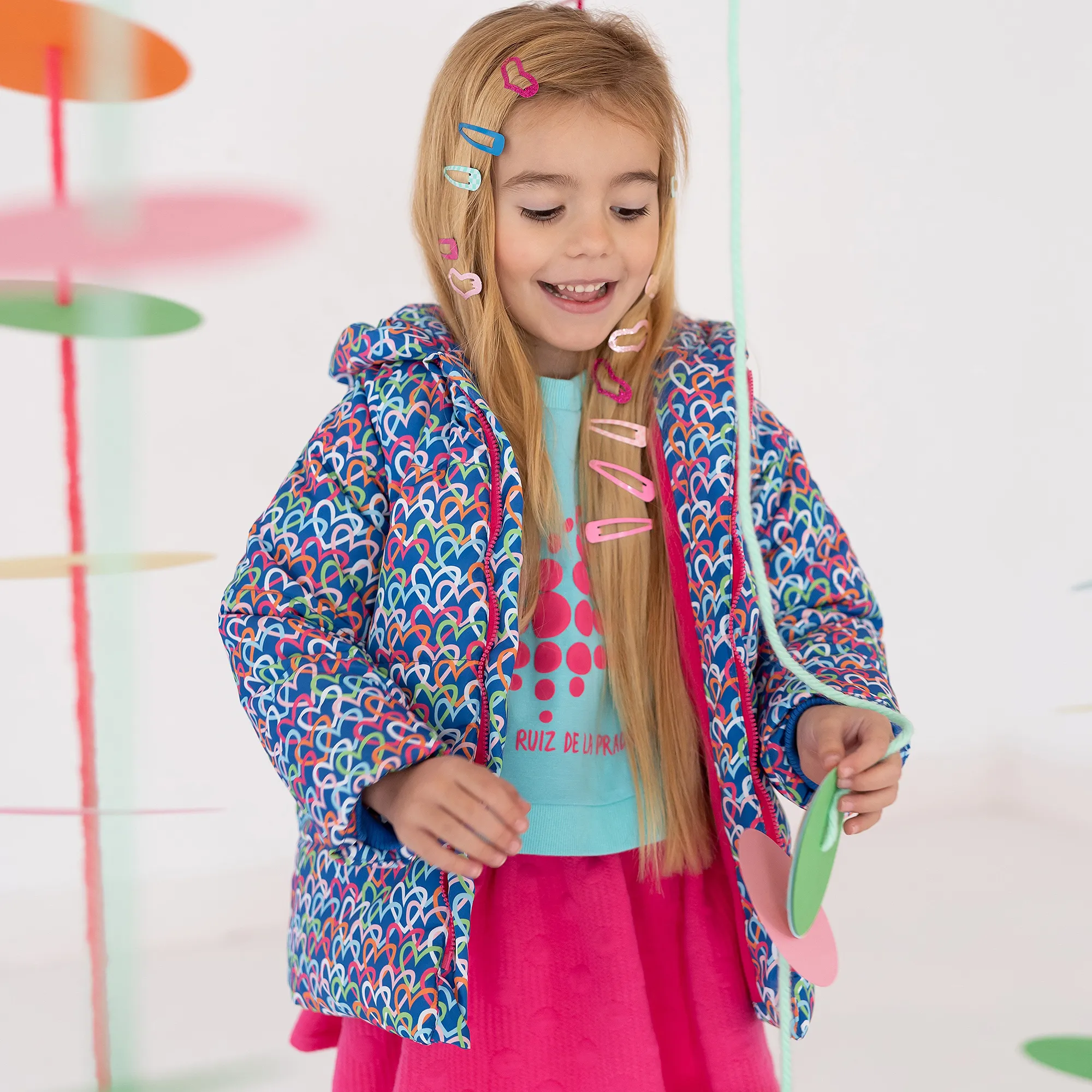 Girls Blue Heart Print Puffer Coat