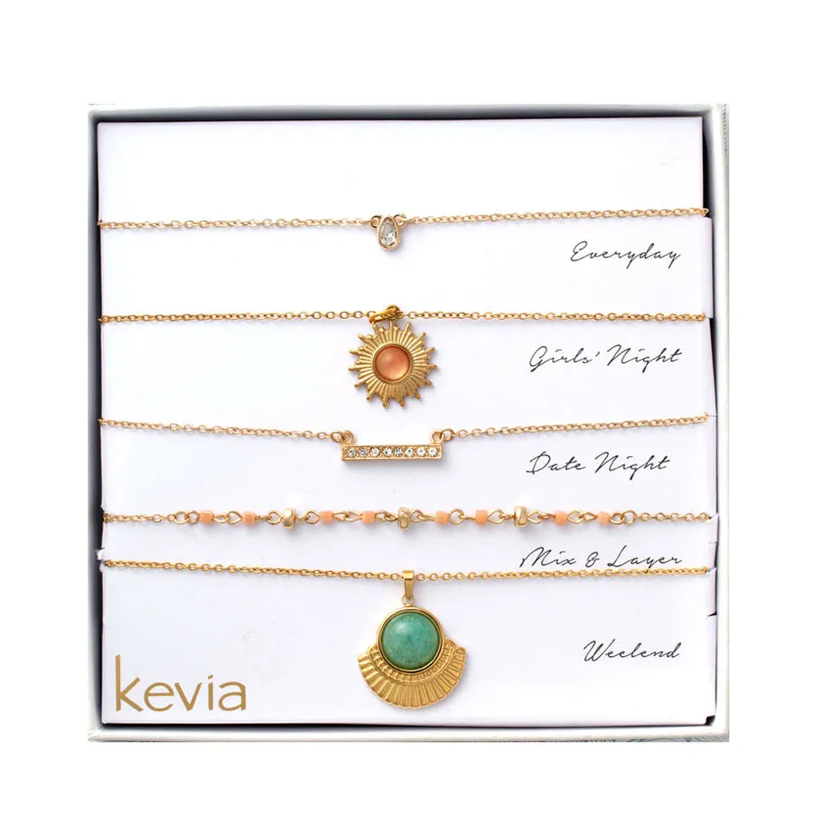 Green & Peach Charm Necklace Set