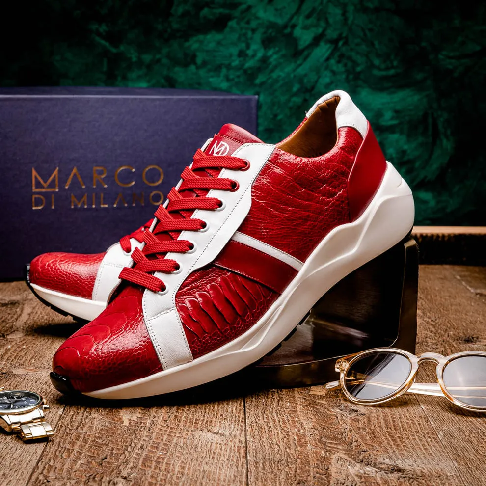 Marco Di Milano Lyon Men's Shoes Red & White Calf-Skin / Ostrich Casual Sneakers (MDM1072)