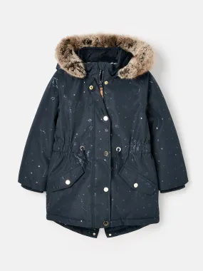 Navy Blue Printed Waterproof Parka Coat