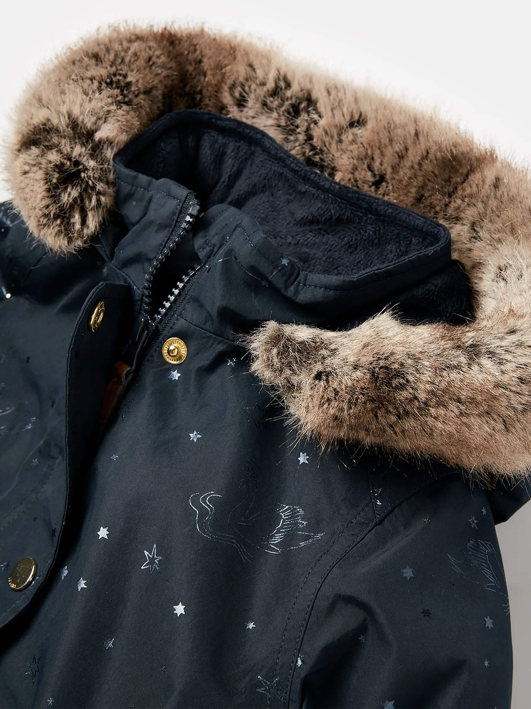 Navy Blue Printed Waterproof Parka Coat