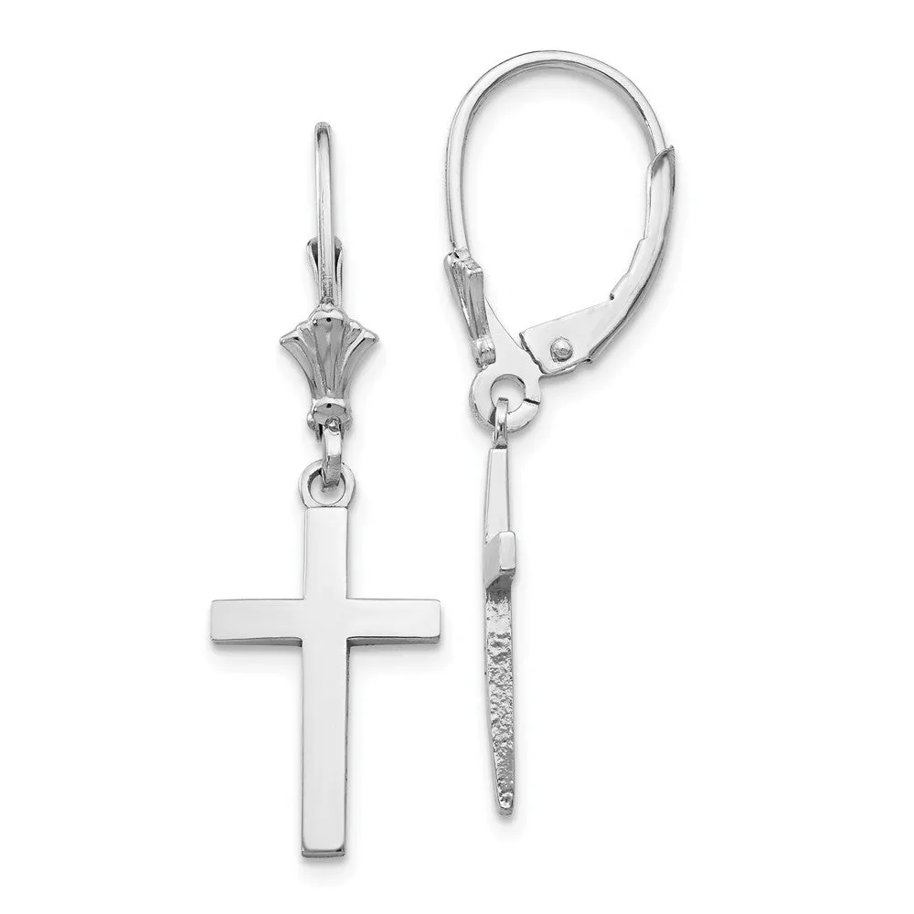 Polished Hollow Cross Lever Back Earrings in 14k White Gold