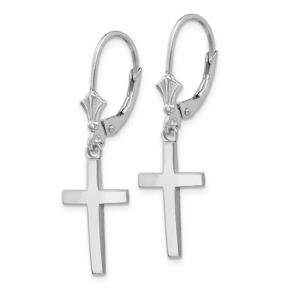 Polished Hollow Cross Lever Back Earrings in 14k White Gold