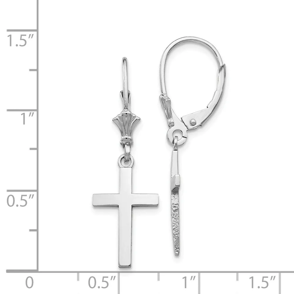 Polished Hollow Cross Lever Back Earrings in 14k White Gold