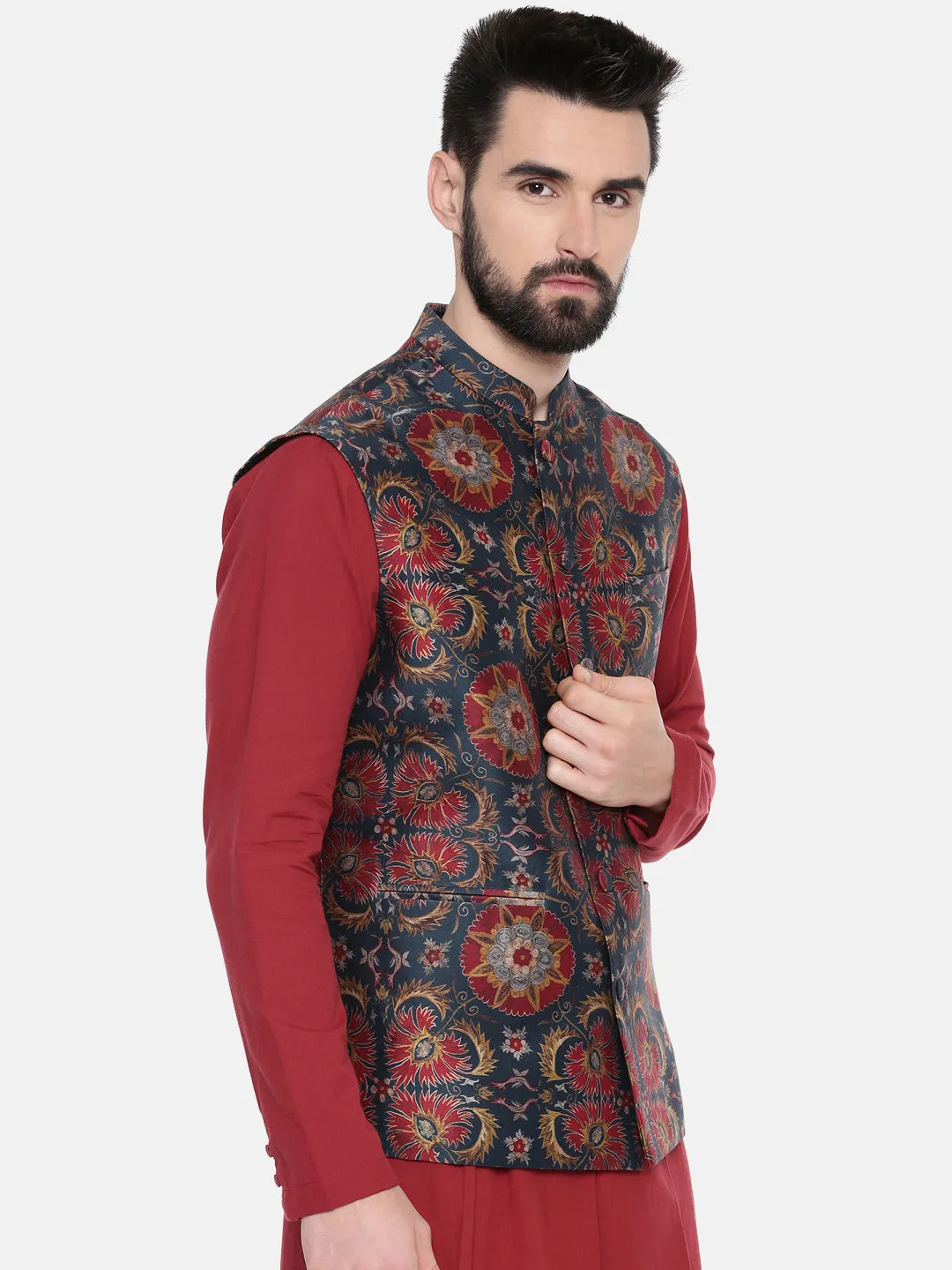 Red Green Silk Chanderi Jacket - MMWC0207