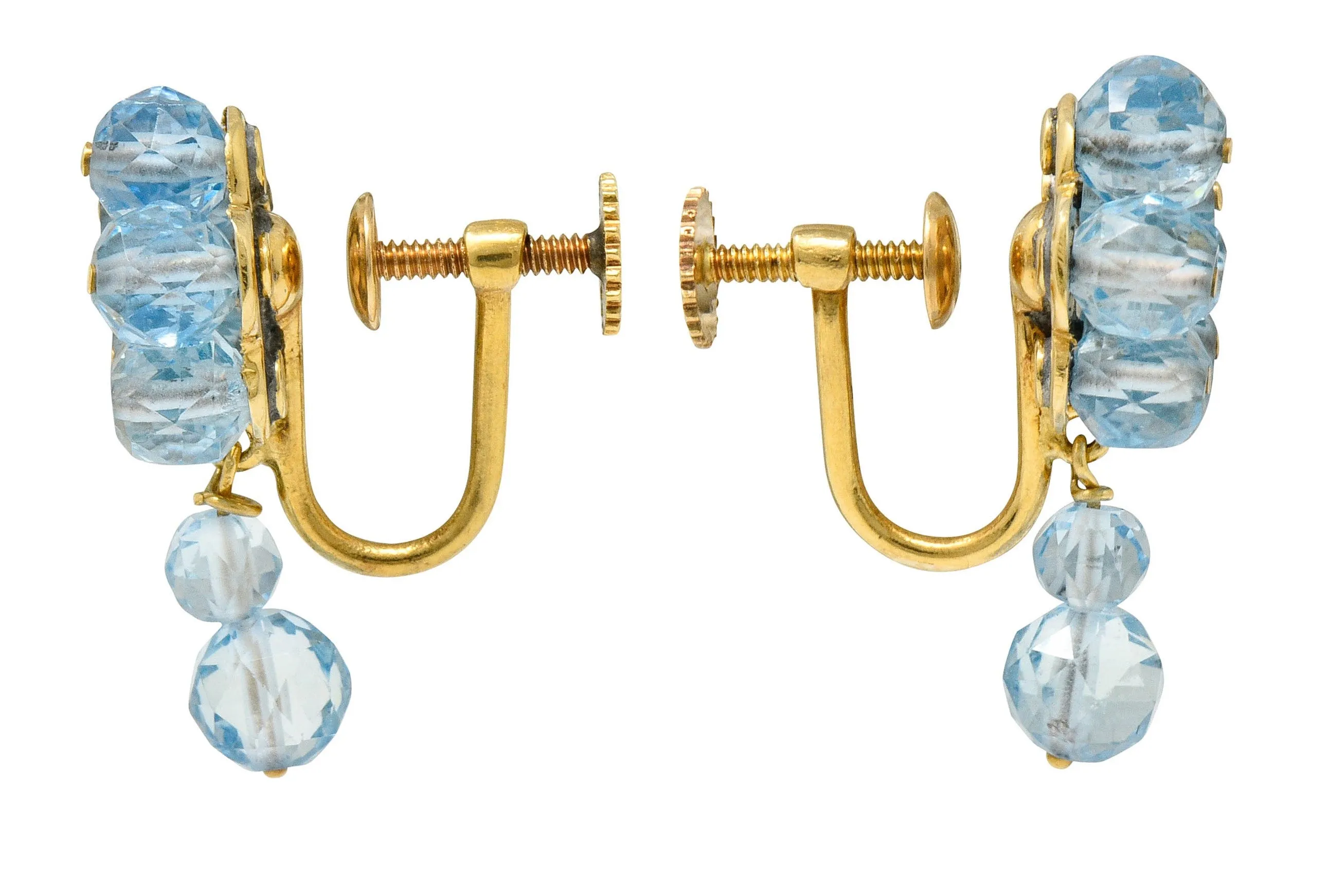 Retro Aquamarine 14 Karat Gold Floral Cluster Screwback Earrings