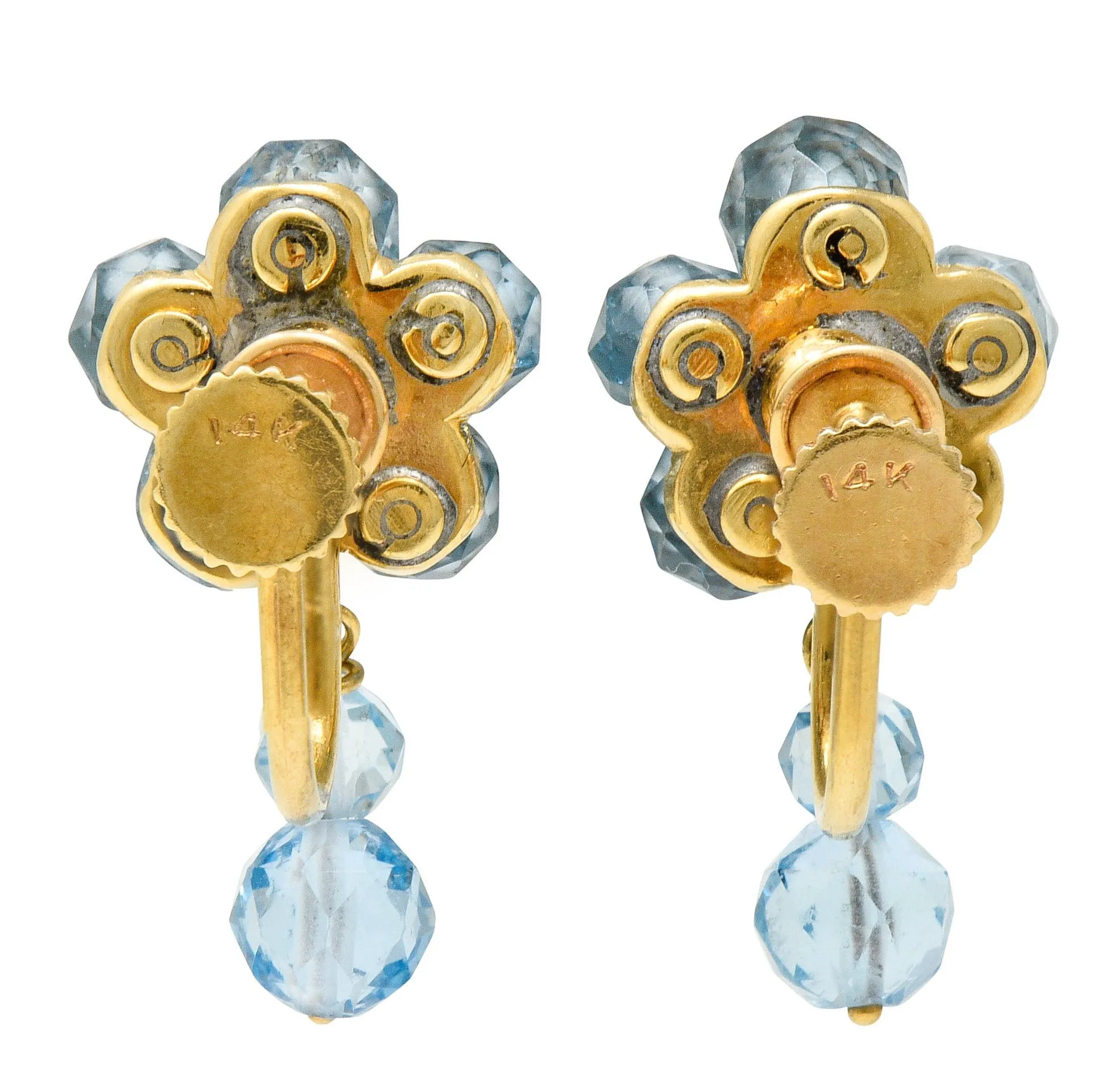 Retro Aquamarine 14 Karat Gold Floral Cluster Screwback Earrings