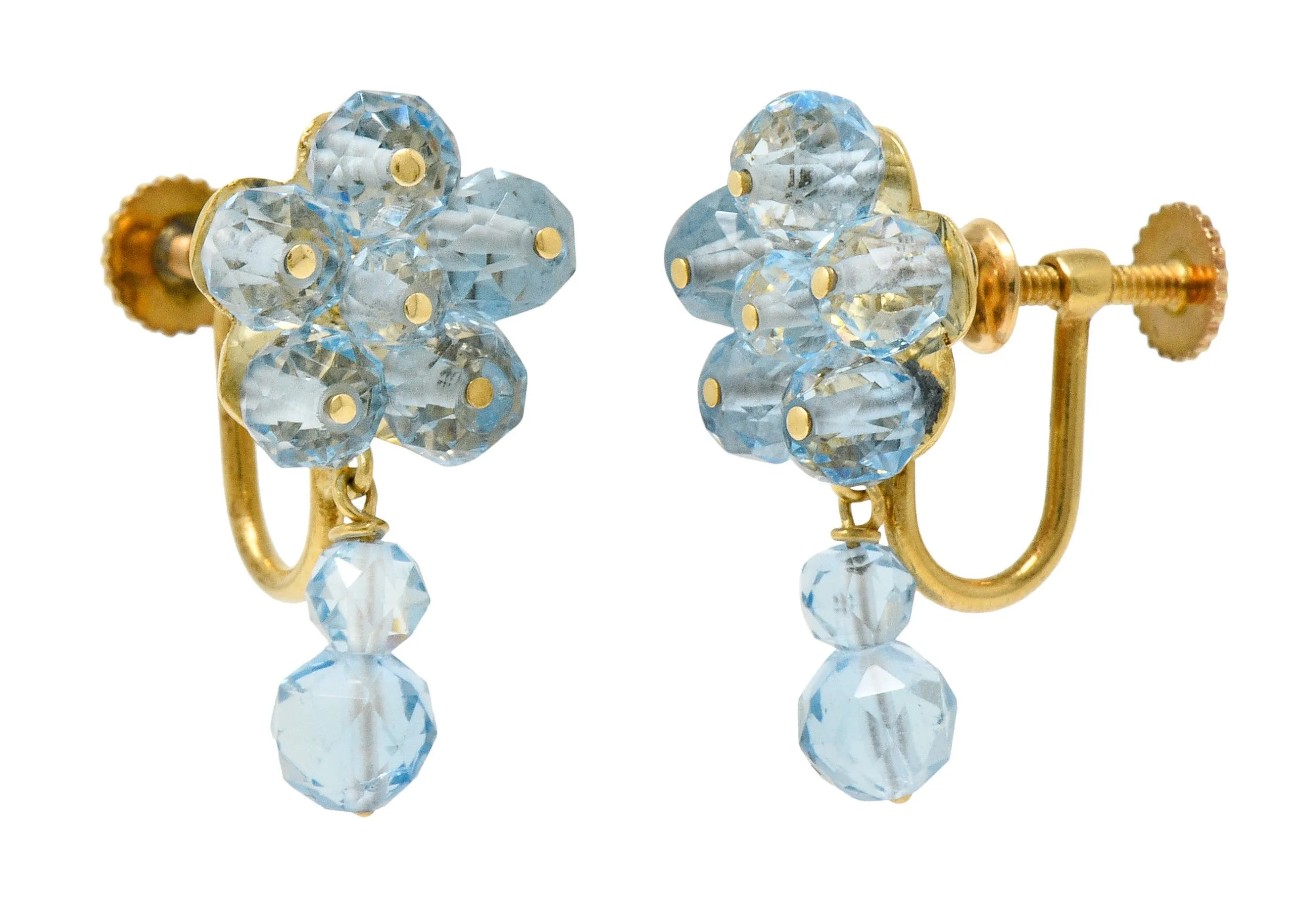 Retro Aquamarine 14 Karat Gold Floral Cluster Screwback Earrings