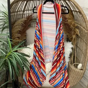 Serape Print Vest with Waterfall Hemline in Orange and Blue Mix