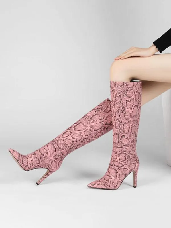 Women Boots Peach Pink Pointed Toe Stiletto Heel Knee High Boots