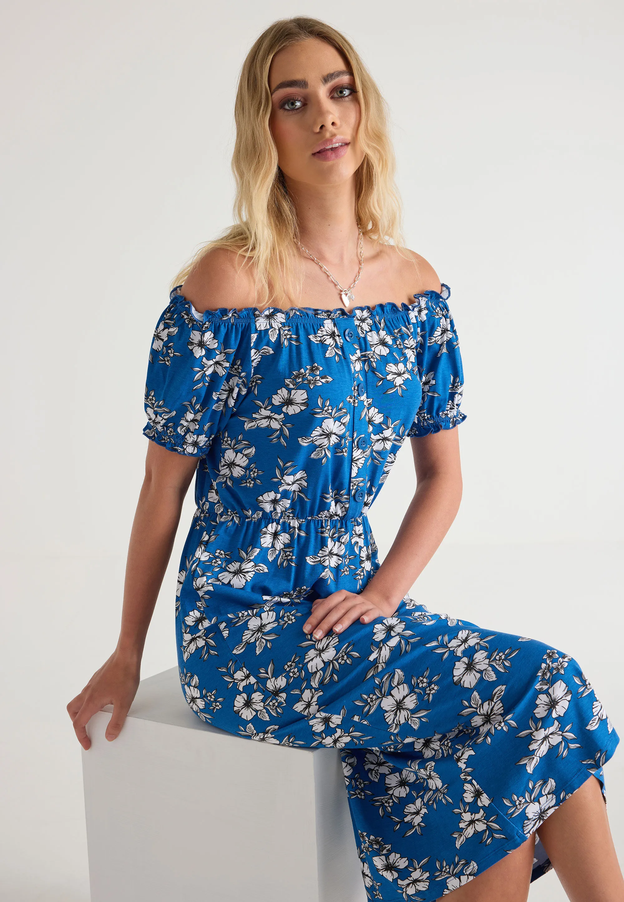 Womens Blue Floral Gypsy Midi Dress