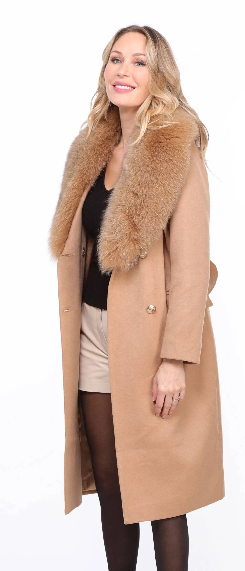 Women's gold \mona\ wool + fox coat